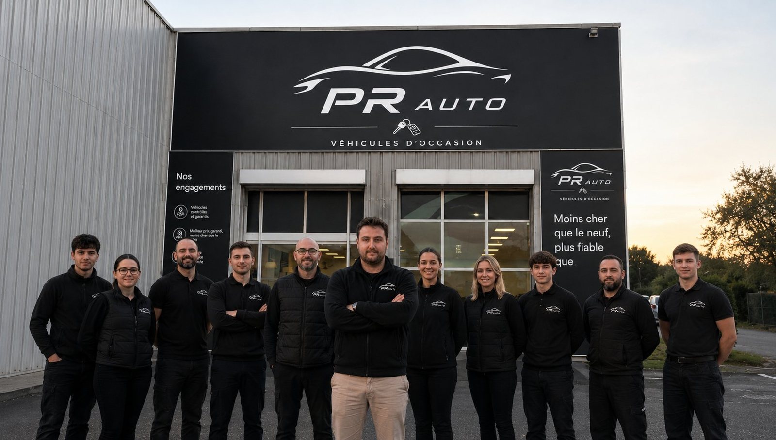 L'équipe de PR AUTO devant le garage